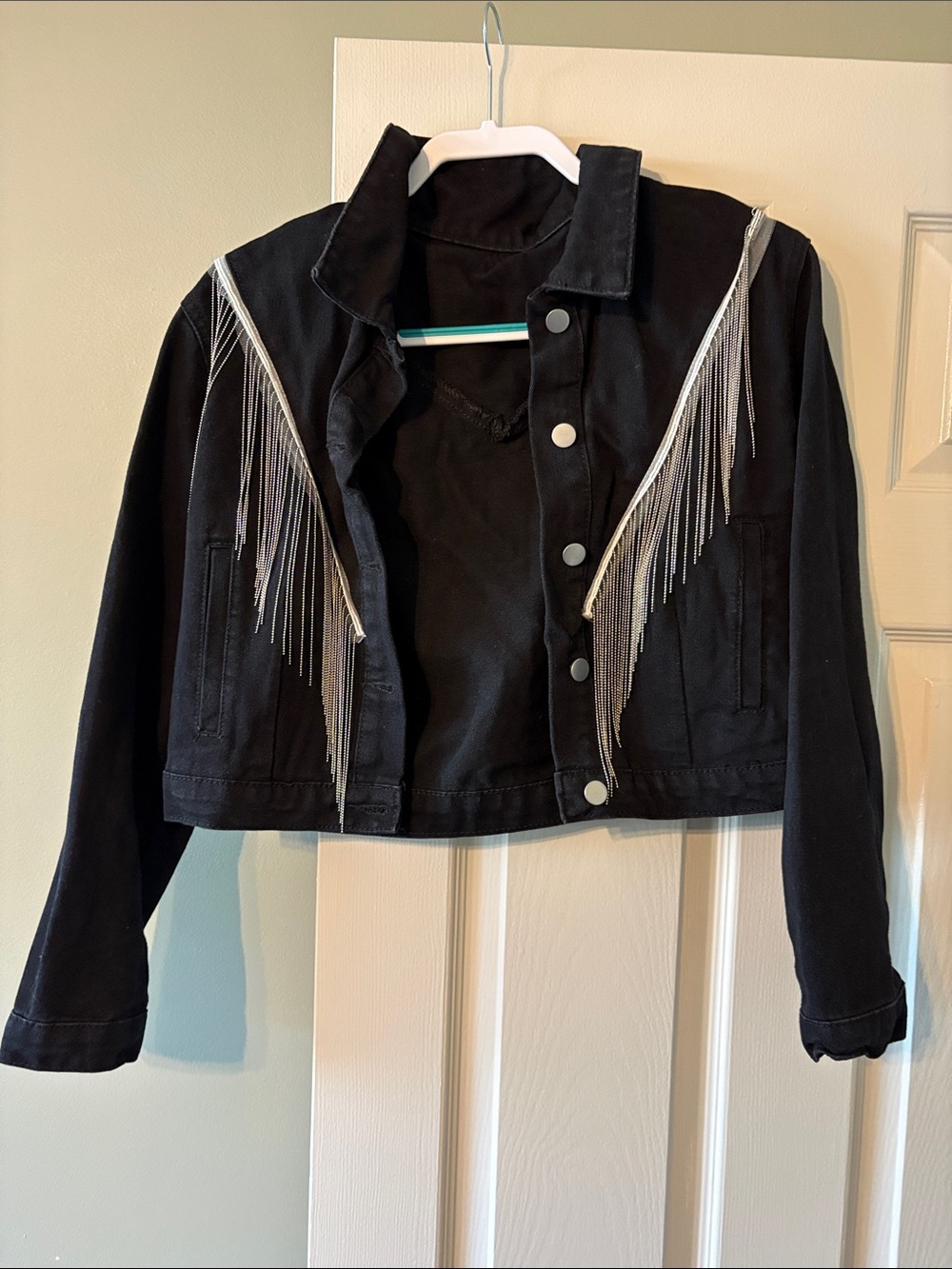 SHEIN Black Cropped Jean Jacket with Silver Fringe